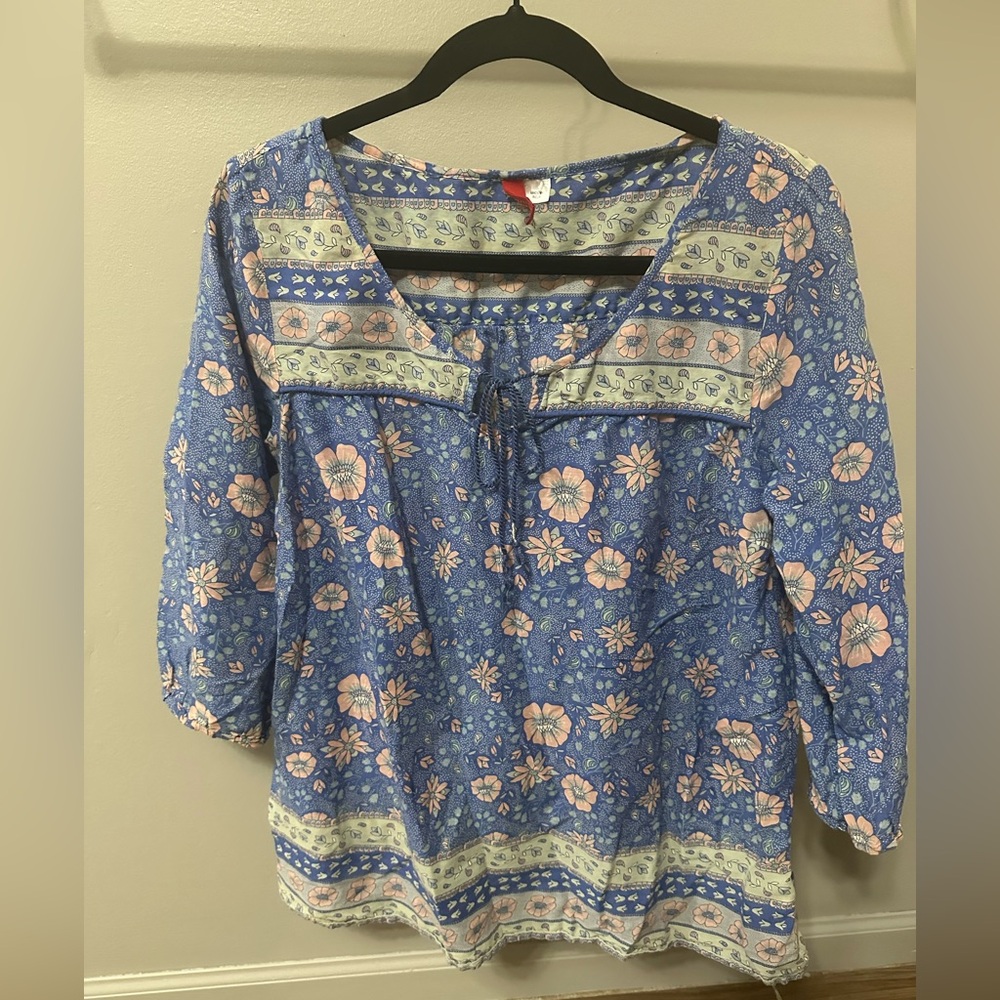 Divided Blue Floral Tie-Neck Peasant Top